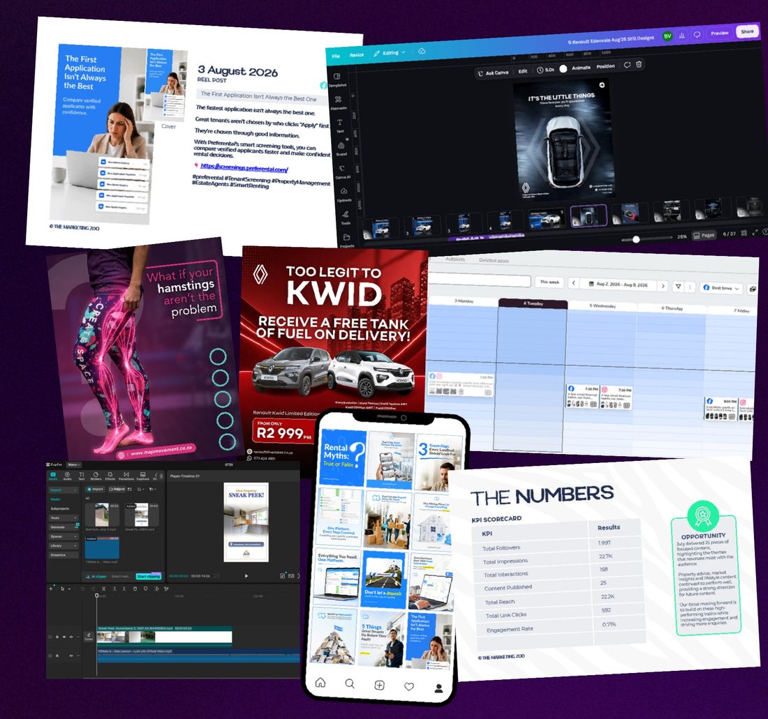 Sample campaign creative, KPI reporting and content calendars